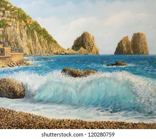 An Oil Painting On Canvas Of A Famous Faraglioni Rock Formation On Island Capri In Naples Bay Area With A Crystal Clear Wave Splashing On The Shore In A Bright Sunny Day.