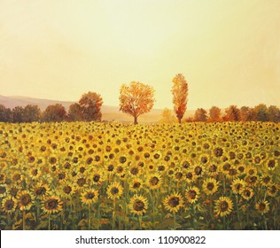 An Oil Painting On Canvas Of A Rural Sunset Landscape With A Golden Sunflower Field Lit By The Warm Light Of The Setting Sun And Trees Colored In Orange At The Background.