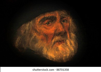 oil painting on canvas of a sad old man with tears in his eyes