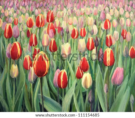An oil painting on canvas of a spring seasonal theme. Colorful red, pink and yellow blooming tulips on display in Keukenhof Gardens, Netherlands.