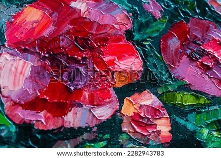 Oil painting with red poppies close-up