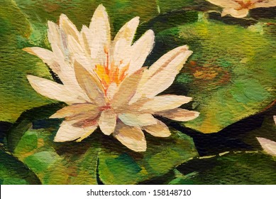 An Oil Painting Of A Water Lily In A Pond .