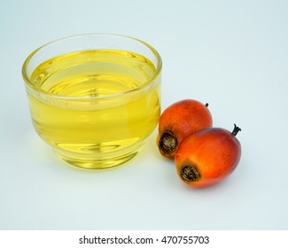 Oil Palm Fruits And Oil Bottle On White Background.