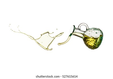 oil pouring from a jar isolated on white background.