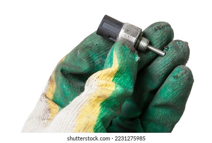 Oil pressure sensor of car isolated on white background in the arm in glove of mechanic. spare parts catalog. - Shutterstock ID 2231275985