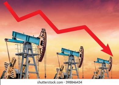 Oil Price Crisis. Oil Price Fall Graph Illustration. Red Arrow. Pump Field Background. 