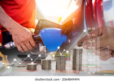 Oil Price Graph, Oil Pump Nozzle And Stock Market Chart. Gas Station Attendant At Work