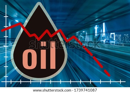 Oil prices. Concept - reduction of prices for oil products. The cost of diesel fuel. Oil logo on the background of the railway. A drop. Town. Petrol. Graph indicators are declining. Petrolium