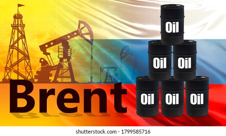 Oil Product Storages In Russia. Concept - Backup Oil Storage. Crude Petroleum Reserves In Russian Federation. Oil Barrels On Background Of The Flag. Brent. Concept - Hydrocarbon Market Analytics.