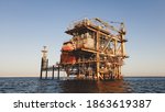 Oil production rig in the sea, landscape. Red Sea, Egypt, Africa, Uninhabited islands. 