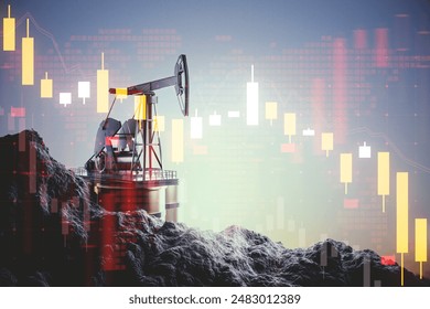 An oil pump jack on rocky terrain with a double exposure of financial graphs, symbolizing energy markets on a digital holographic background - Powered by Shutterstock