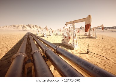 Oil pump jack rocking with pipeline in the background.