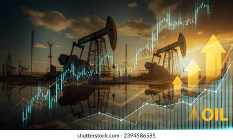 Oil pump jack silhouette with financial graphs at sunset symbolizing energy market growth - Powered by Shutterstock