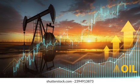 Oil pump jack silhouette with financial graphs at sunset symbolizing energy market growth - Powered by Shutterstock