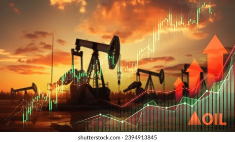 Oil pump jacks and refinery silhouettes with overlay of bullish stock market charts - Powered by Shutterstock