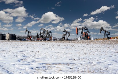 Oil Pump Jacks Working On An Oil Field On The Alberta Prairies Supplying Natural Resources For The Canadian Oil And Gas Sector.