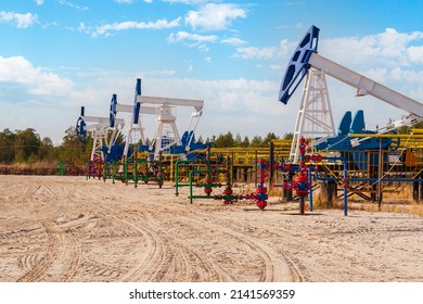 Oil Pumping Chair In The Fields Of Siberia. Oil And Gas Industry In Russia. Oil And Gas Field Bush.