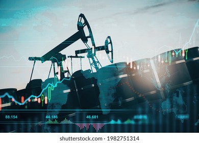 Oil pumping machinery in operation with barrels and digital screen with world map and financial chart graphs and indicators, natural resources stock market concept. Double exposure