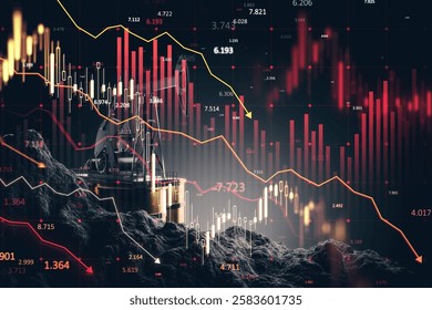 Oil pumpjack with financial stock market graphs, red declining charts, and economic data overlay on dark background. Concept of oil market decline