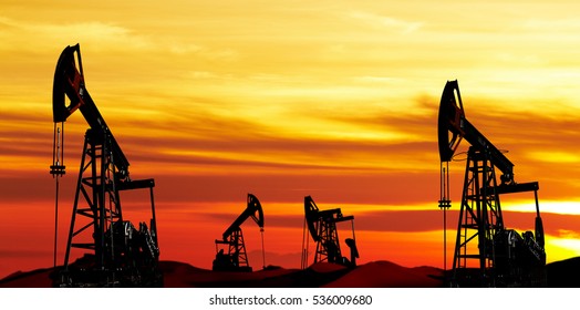 Oil pumps silhouette at colorful sunset - Shutterstock ID 536009680