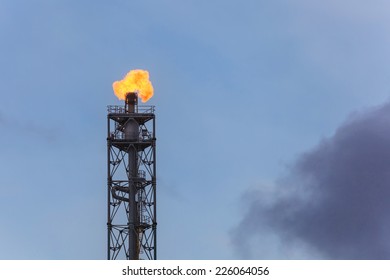 Oil Refinery, Oil Refinery Chimney With Fire