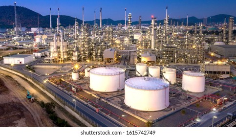 Oil refinery industry, Aerial view of petrochemical plant at dusk