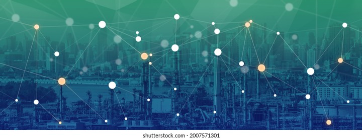 Oil Refinery Industry Connection To People Community City Concept, Clean Power Fuel Energy For Future Modern Metro Wide Cut For Banner Background.