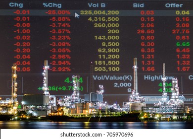 Oil Refinery Plant, Crude Oil Stock Price Index, Energy Market Index. Double Exposure