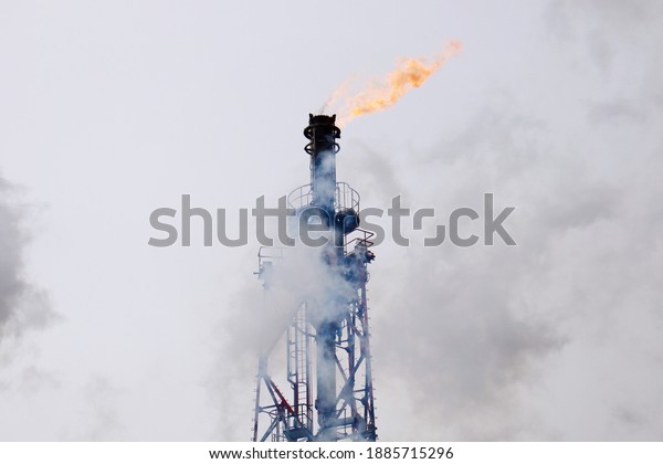 Oil refinery plant flare stack. Flames can be seen\
from the top of the tower.