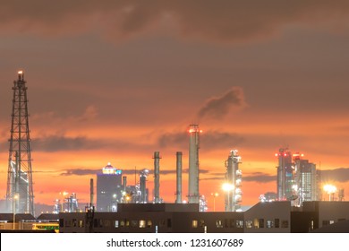 oil refinery plant with twilight sky after sunset