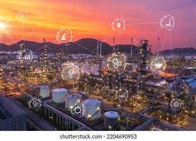 Oil Refinery At Twilight And Night With Industrial Physical System Icon Diagram Supports The Concept Of Industry 4.0 Technology.