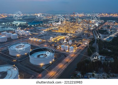 Oil Refinery At Twilight And Night With Industrial Physical System Icon Diagram Supports The Concept Of Industry 4.0 Technology.	