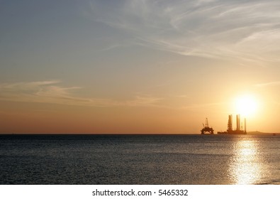 Oil Rig In The Caspian Sea Near Baku