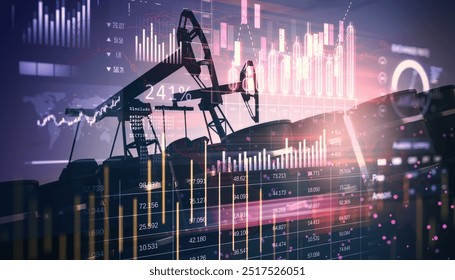 Oil rig with financial graphs and charts, double exposure style, digital interface background. Concept of oil market and energy trade