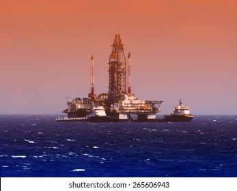 Oil Rig In Gulf Of Mexico, Dramatic Skies