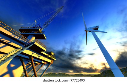 Oil Rig And Off Shore Wind  Turbine