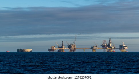 Oil Rig Platforms In The North Sea.