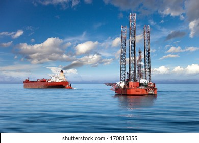 Oil Rig And Tanker Ship On Offshore Area. 