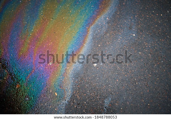 Oil slick looks like a bird on the asphalt\
road background. Oil stain on Asphalt, color Gasoline fuel spots on\
Asphalt Road as Texture or\
Background