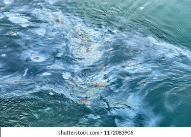 Oil Spill On Sea Water, Top View. Beach Pollution Concept