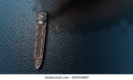 Oil spills out of a ship to Sea- Aerial high altitude View 
				Drone view of Chemical Tanker ship spills oil in the ocean, global pollution concept,December 2021
				
