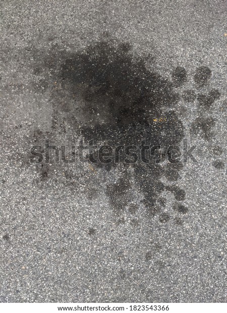 Oil stains on concrete in a\
parking lot useful texture and background pavement and black\
blotches