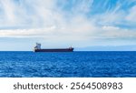 oil tanker of russia shadow fleet used for transportation oil in blue sea. Transport for petroleum products, gas and oil under sanctions. Industrial landscape of petroleum logistics