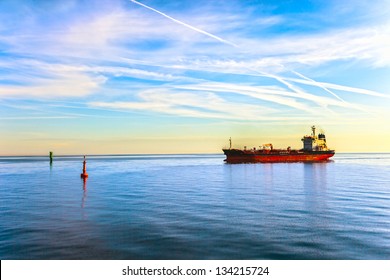 Oil Tanker Ship And Buoy In The Sea.