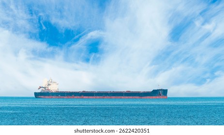 Buque petrolero que transporta petróleo o petróleo en el mar azul con nubes.