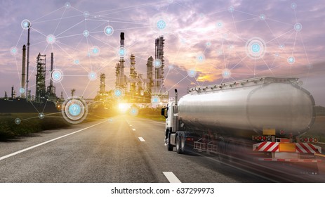 Oil tanker truck and petrochemical industry estate on business connection technology interface background