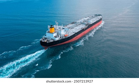 Oil tanker underway towards open sea. Crude oil tanker ship, a merchant ship specially designed for chemical products transportation. Aerial view. Black Sea - Powered by Shutterstock