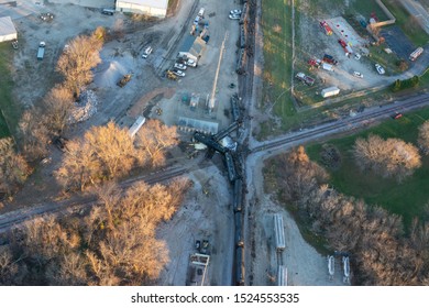 Oil Train Derailment From Directly Overhead. Emergency Response Vehicles And Overturned Rail Cars.