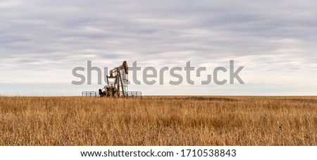 Oil Well Pump Jack pumping crude oil for fossil fuel energy. American Petroleum Oil and Gas Industry equipment extracting from a prairie in the United States of America.