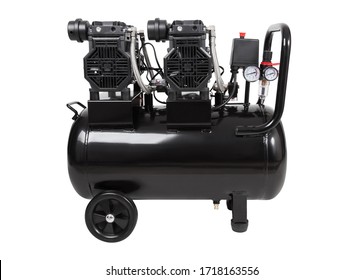 Oil-free portable single-stage air compressor. Black air compressor. Side view. Isolated on a white background
